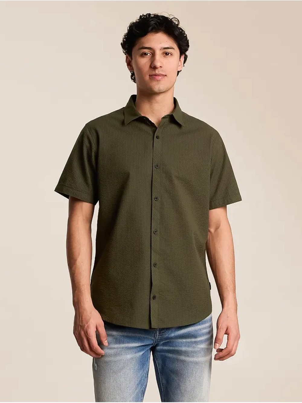 Men's Depart West Buckle Olive Short-Sleeve Button-Down Shirt Seersucker Men XL